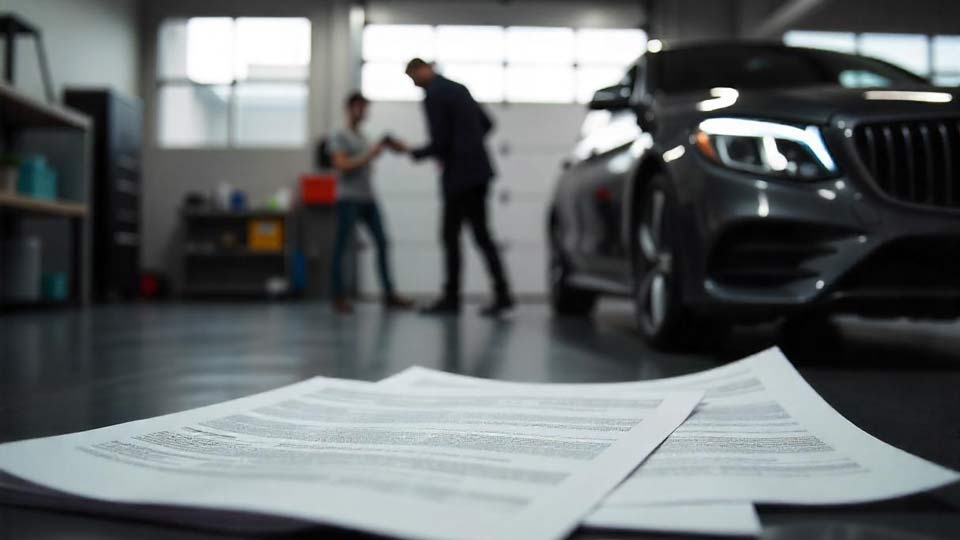 Auto mit Getriebeschaden in einer Werkstatt in Hagen; Infografik mit Reparaturkosten und Verkauf.